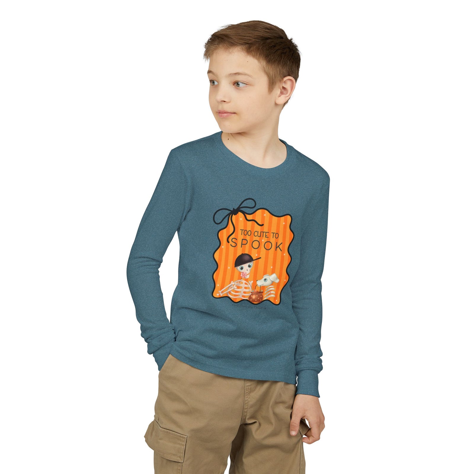 Youth Long Sleeve Tee — "Too Cute to Spook" Fred from the Dead Skeleton and Femur the Dog Halloween Shirt