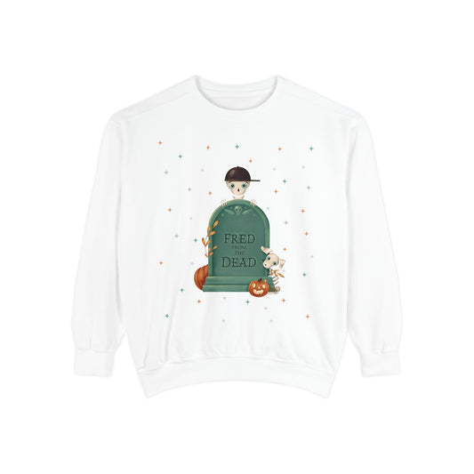 Halloween Kid Tombstone Sweatshirt — "Fred is Dead" Cute Spooky Pullover