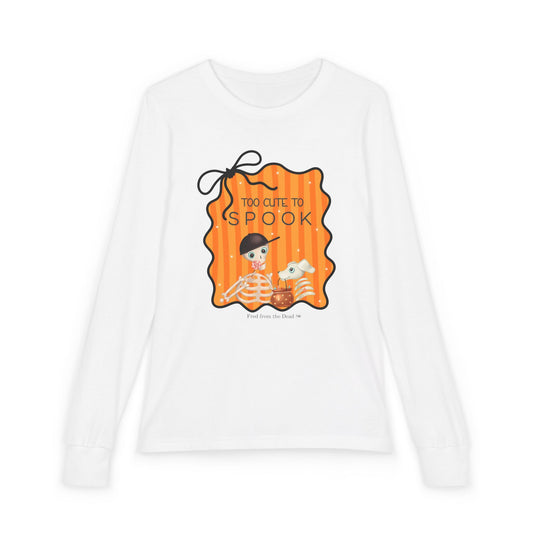 Youth Long Sleeve Tee — "Too Cute to Spook" Fred from the Dead Skeleton and Femur the Dog Halloween Shirt