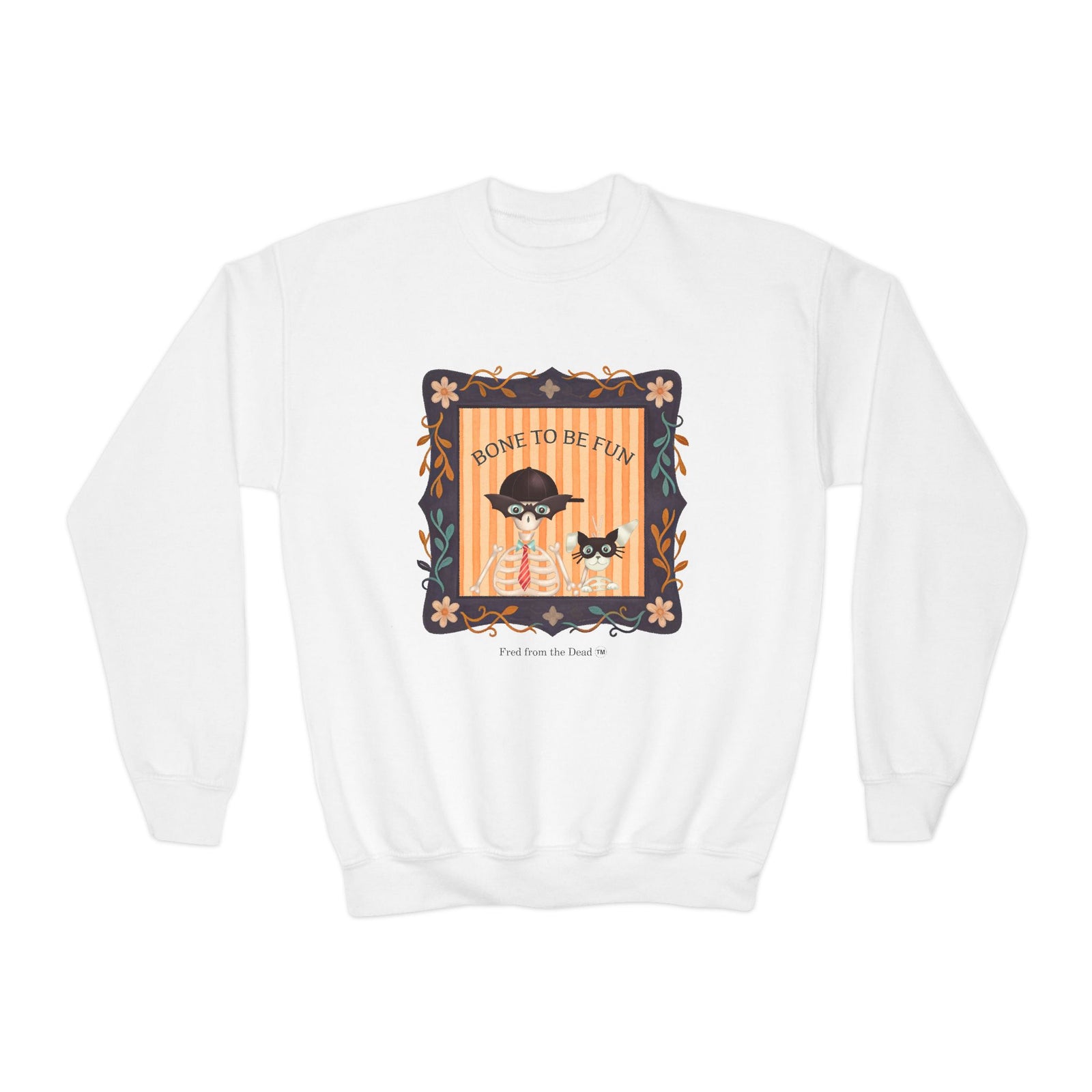 Youth Crewneck Sweatshirt — 'Bone to be Fun' Cute Fred skeleton and Femur the Dog Halloween Sweatshirt