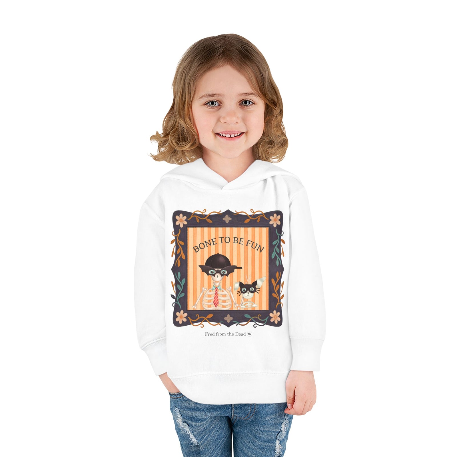 Toddler Halloween Hoodie — "Bone to Be Fun" Cute Fred from the Dead Skeleton and Femur the Dog