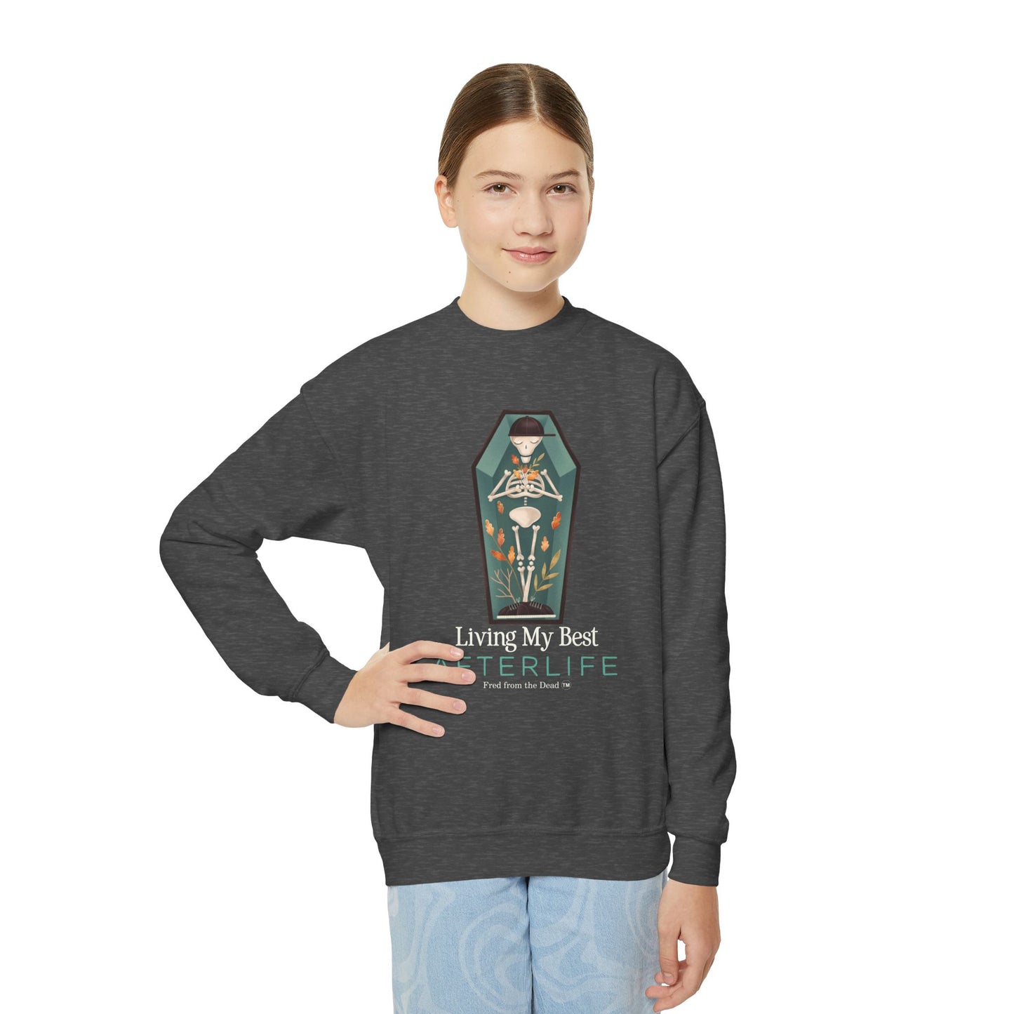 Afterlife Coffin Youth Crewneck Sweatshirt — Halloween Graphic