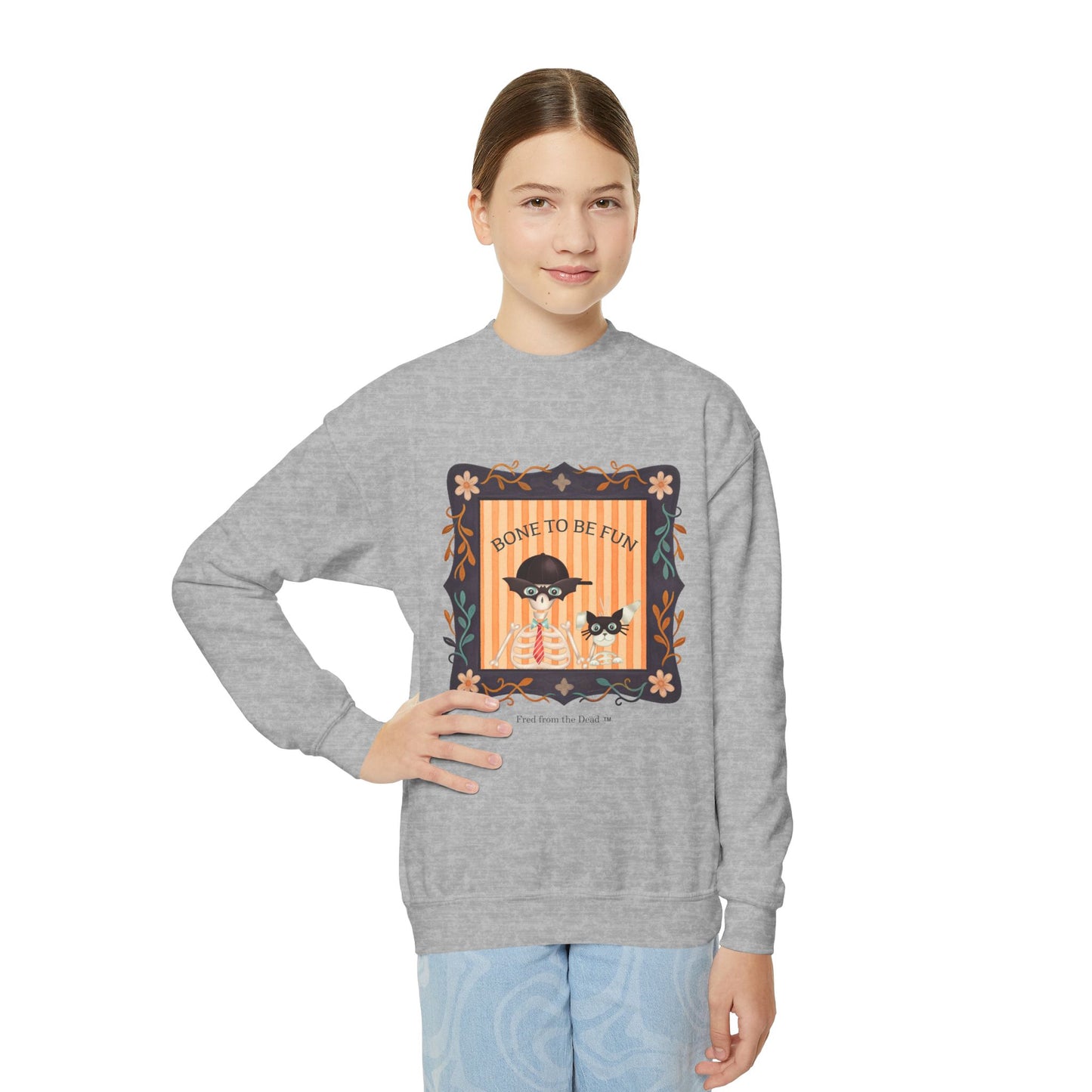 Youth Crewneck Sweatshirt — 'Bone to be Fun' Cute Fred skeleton and Femur the Dog Halloween Sweatshirt