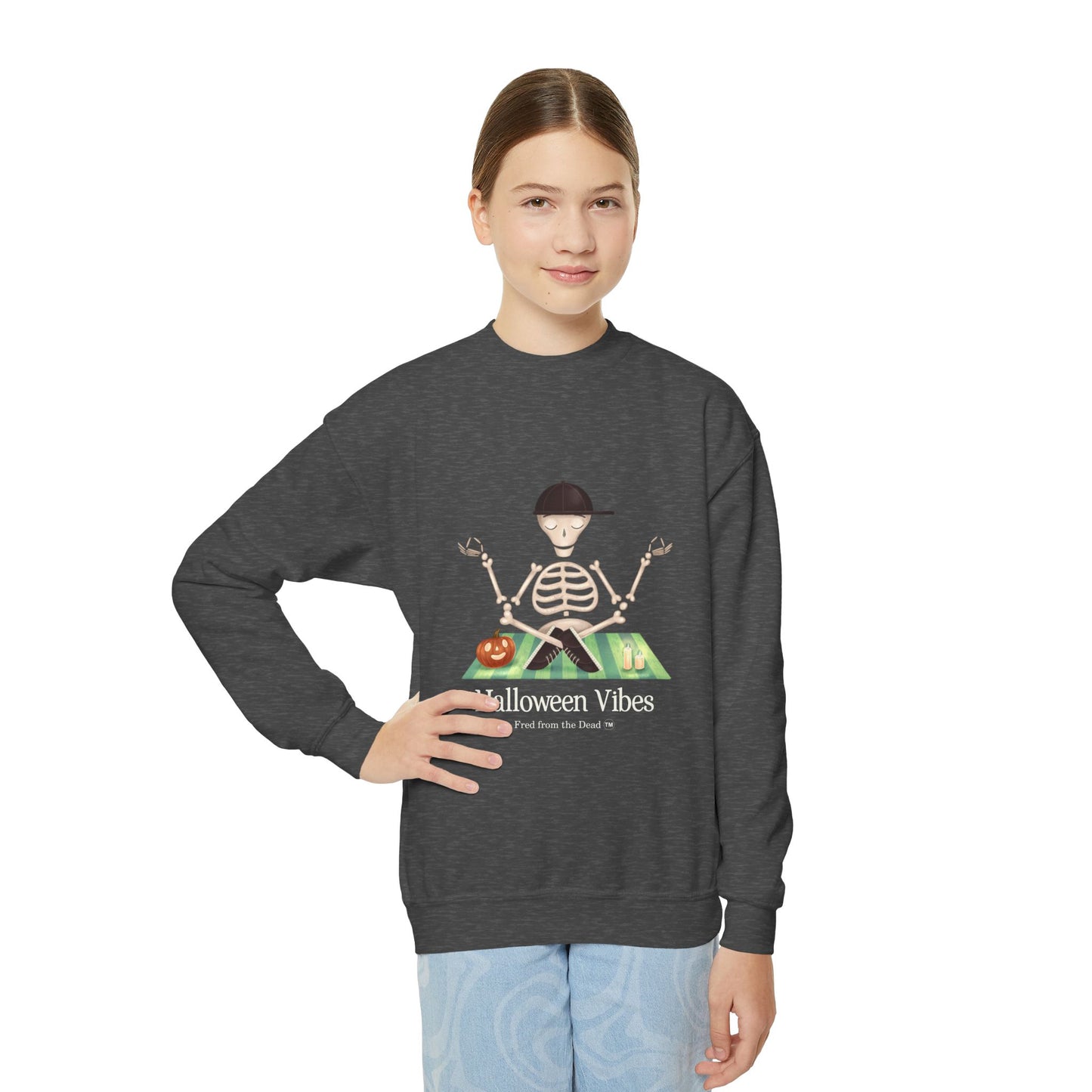 Youth Skeleton Meditation Crewneck Sweatshirt – Kids Halloween Yoga Graphic
