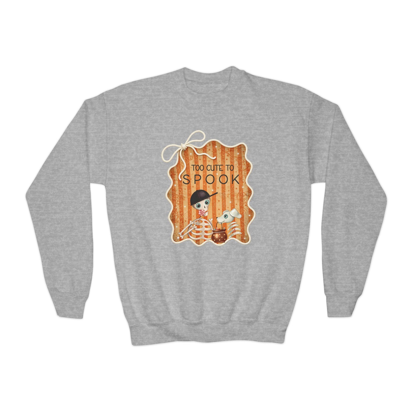 Youth Crewneck Sweatshirt — "Too Cute to Spook" Vintage Halloween Kids Sweatshirt - Fred from the Dead