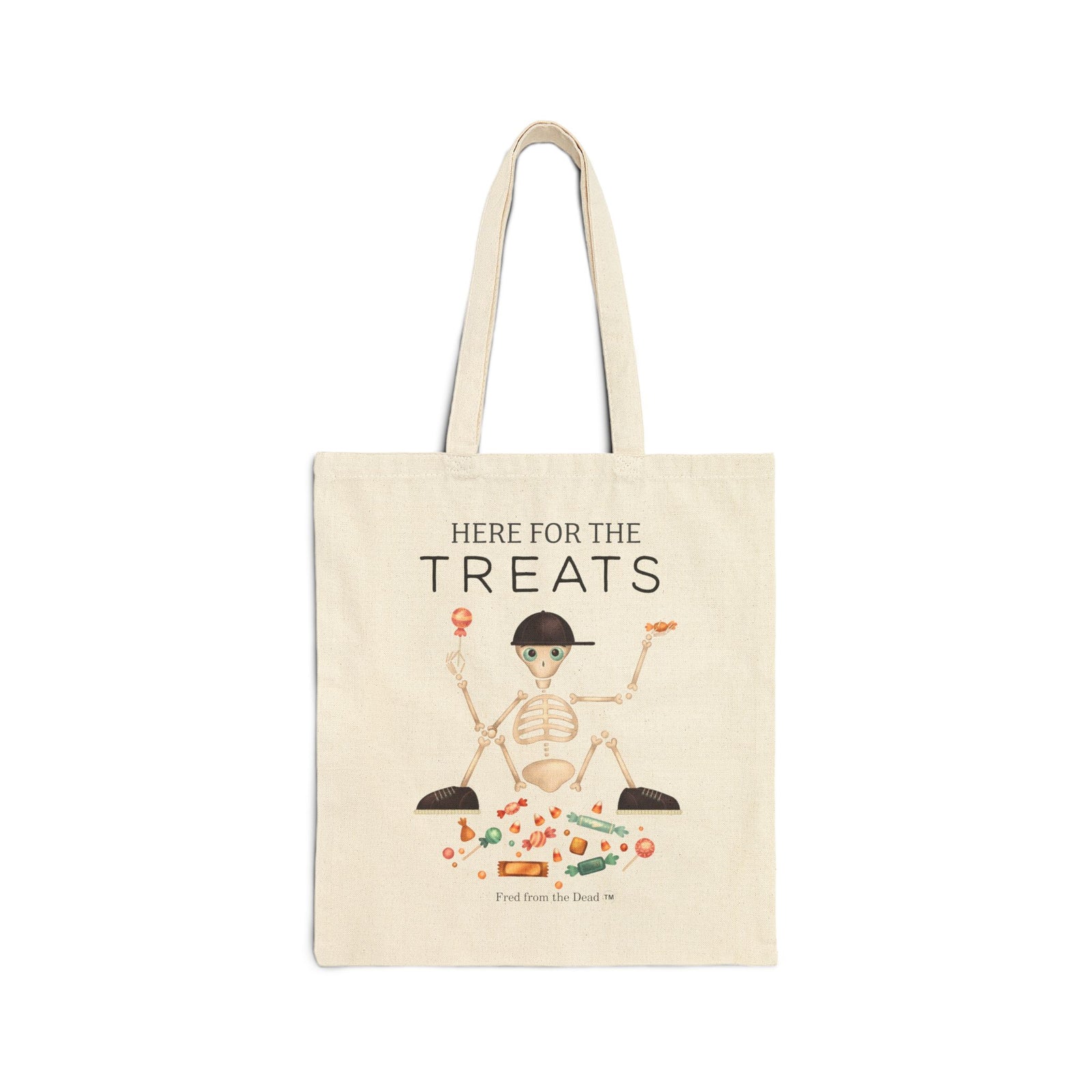 Tote Bag — "Here for the Treats" Halloween Skeleton Candy Tote