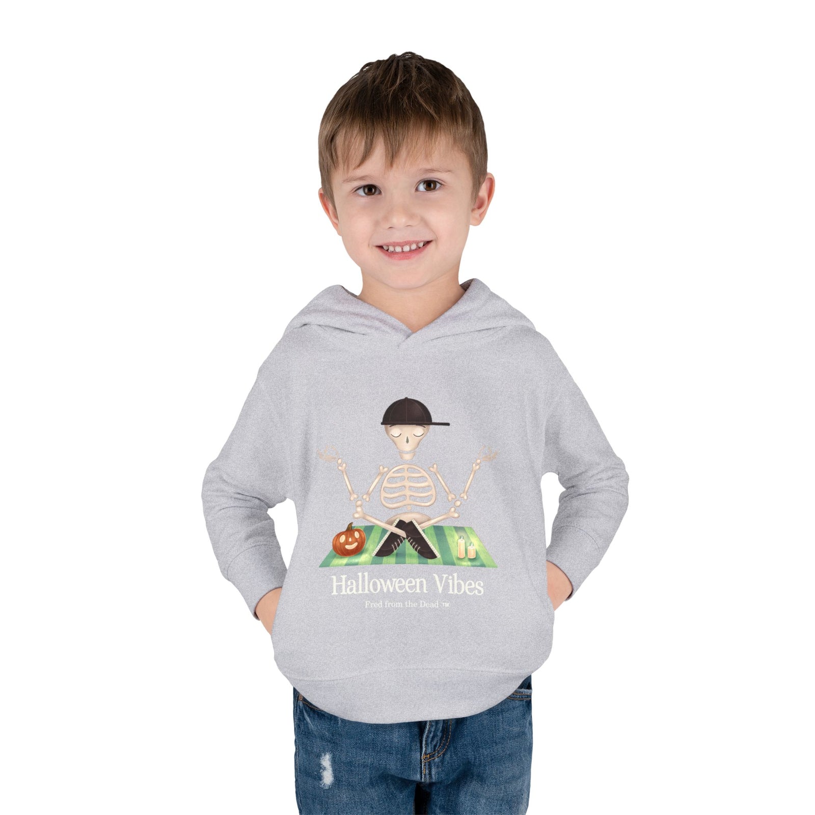 Toddler Hoodie — "Halloween Vibes" Skeleton Pumpkin Kids Pullover