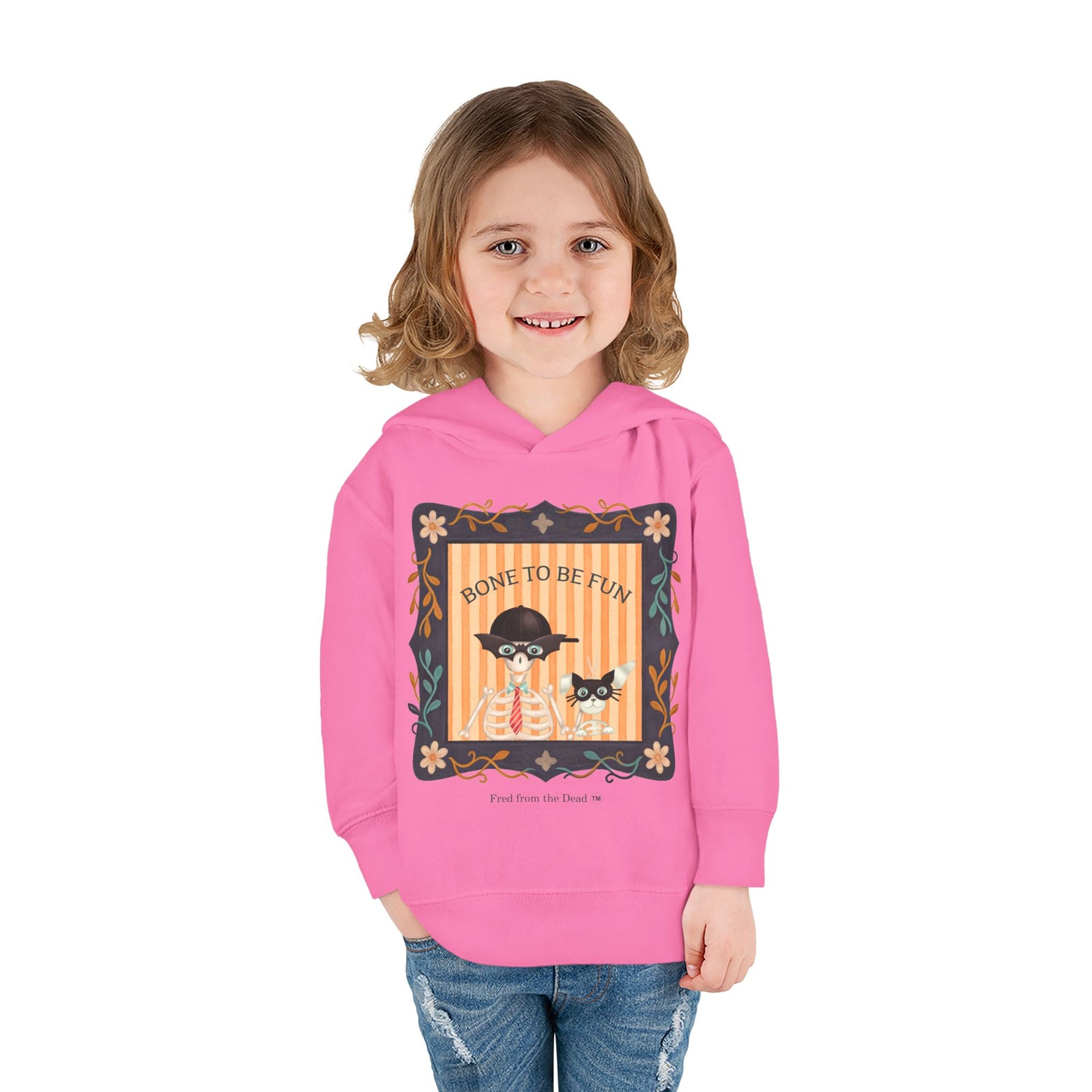 Toddler Halloween Hoodie — "Bone to Be Fun" Cute Fred from the Dead Skeleton and Femur the Dog