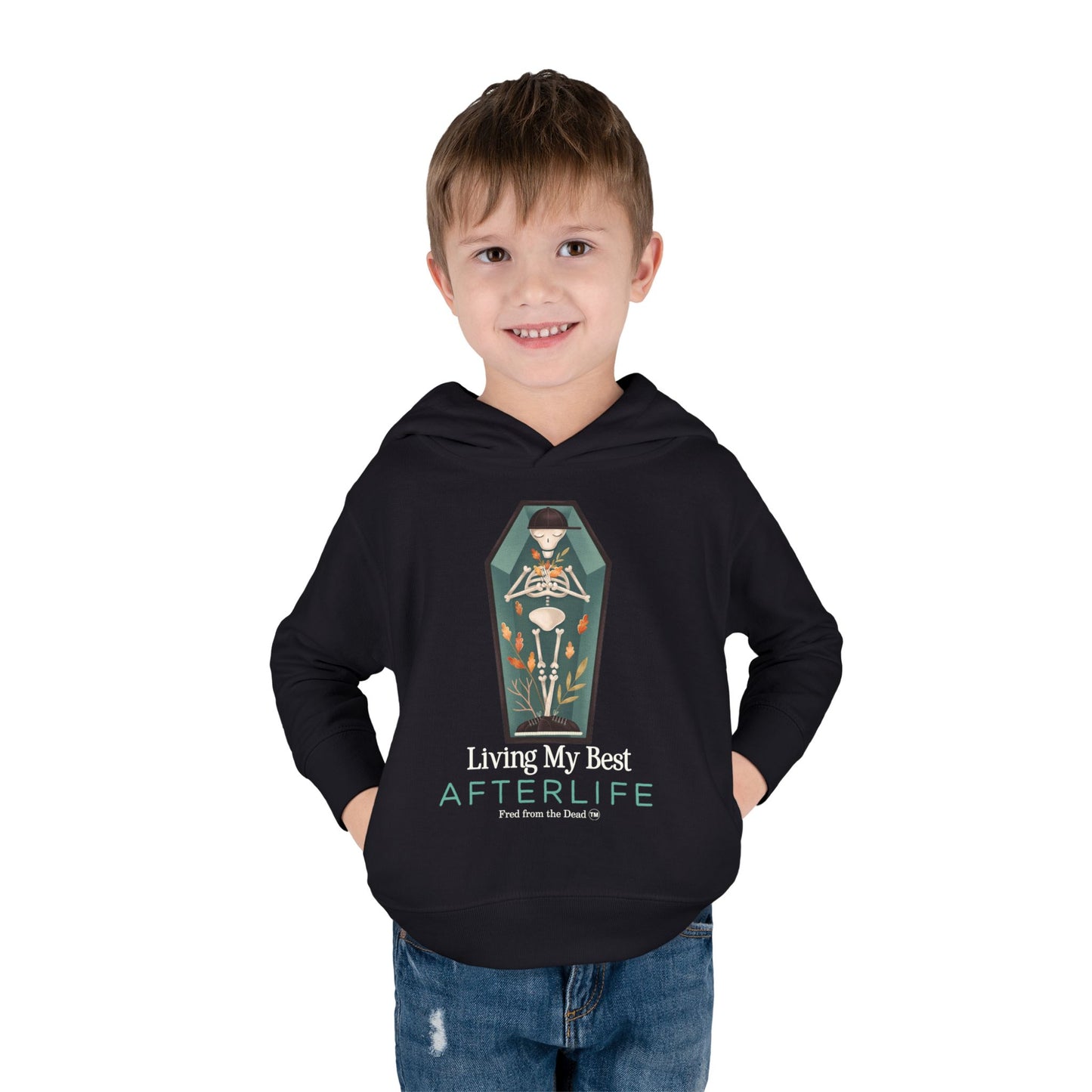 Toddler Hoodie — Living My Best Afterlife Skeleton Coffin Design