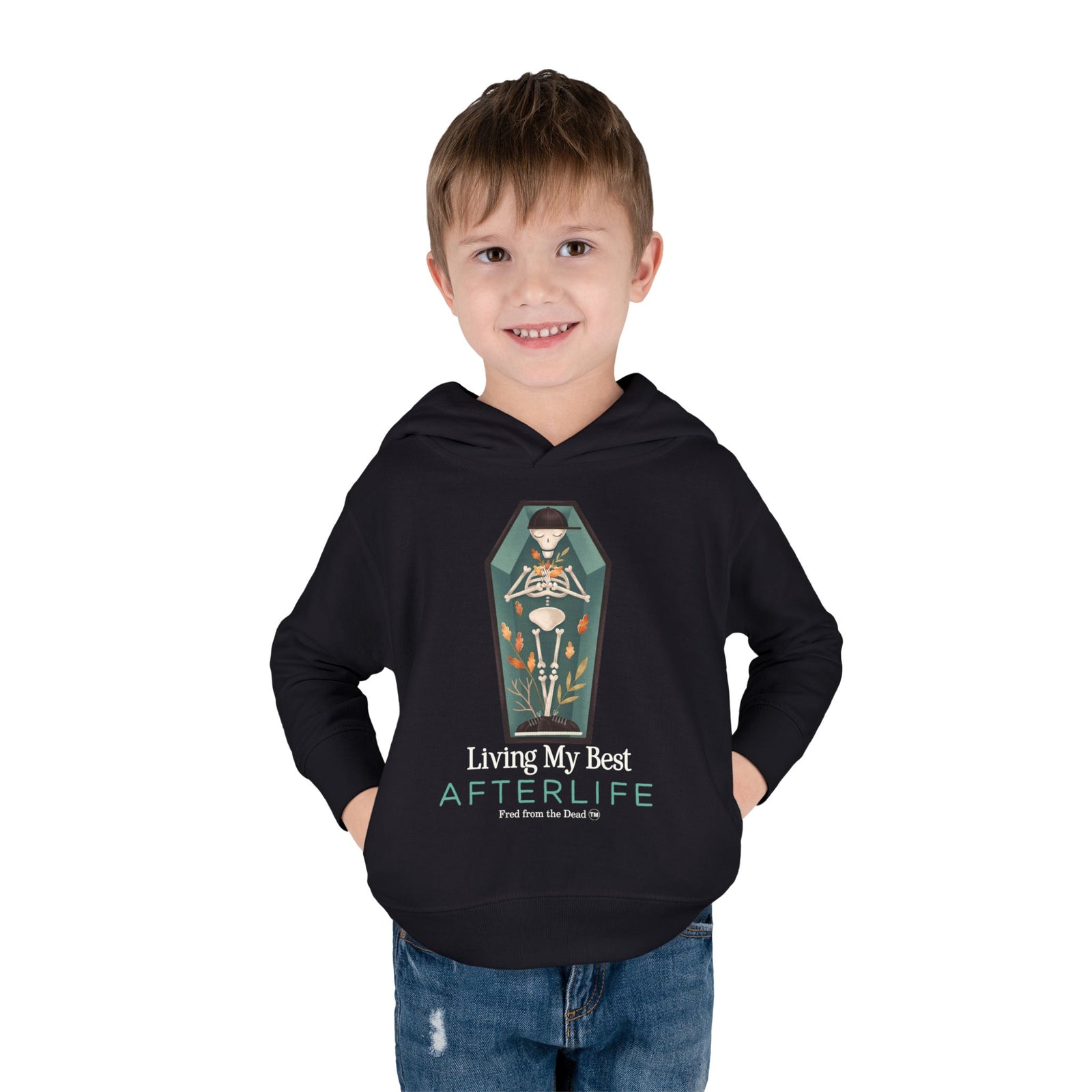 Toddler Hoodie — Living My Best Afterlife Skeleton Coffin Design