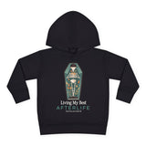 Toddler Hoodie — Living My Best Afterlife Skeleton Coffin Design