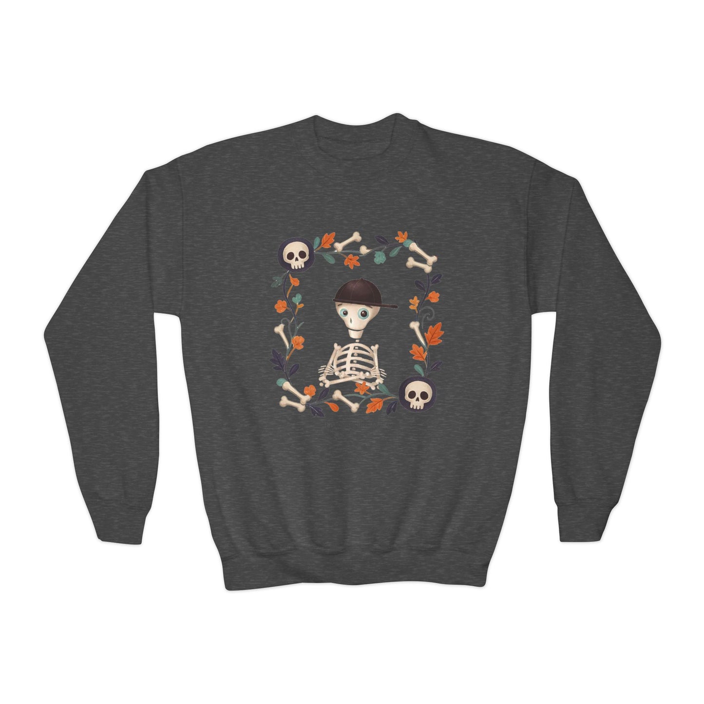 Youth Crewneck Sweatshirt — Fred from the Dead Cute Skeleton Fall Frame Graphic (Autumn, Halloween)