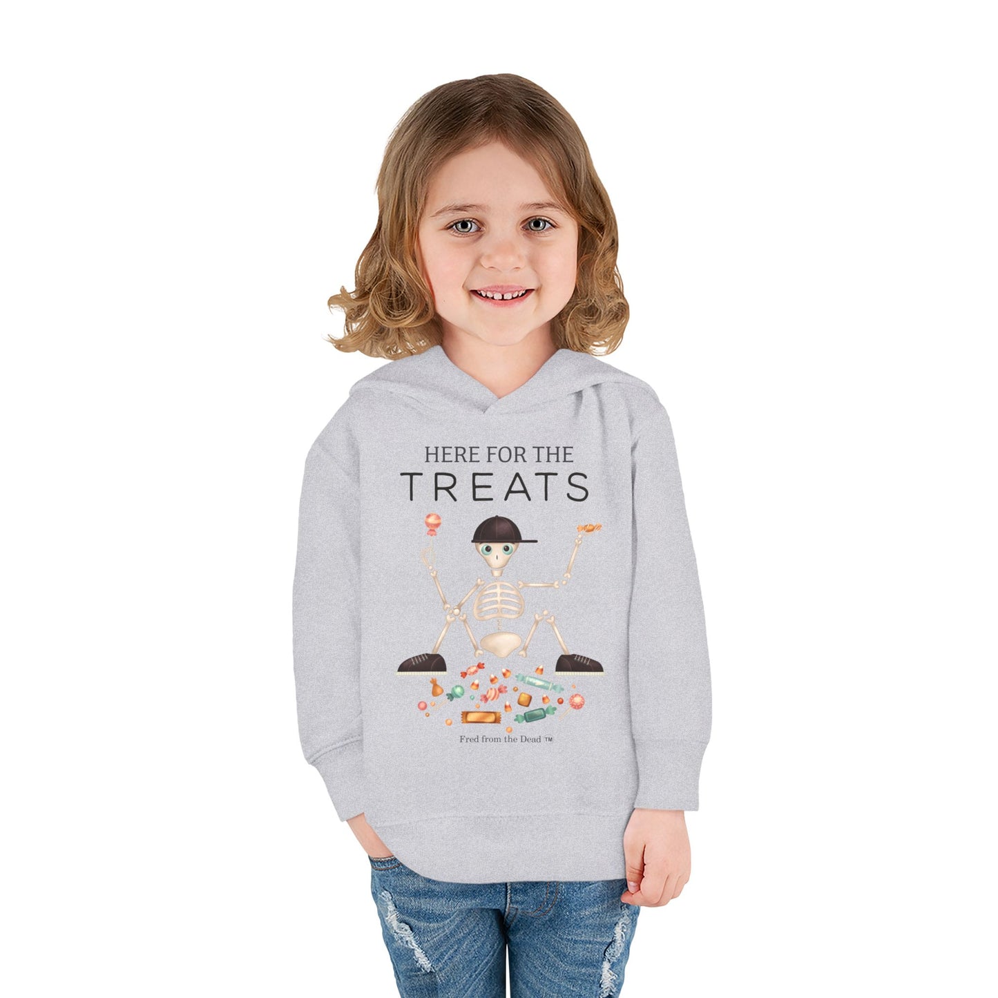 Toddler Halloween Hoodie - "Here for the Treats" Skeleton Candy Pullover