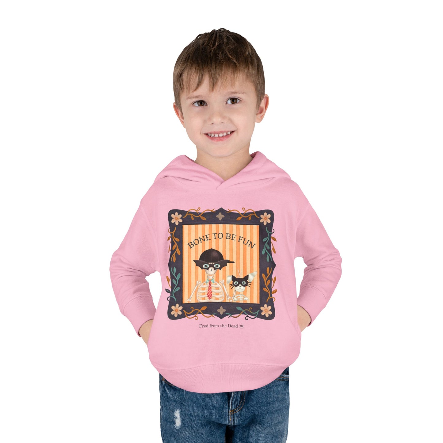 Toddler Halloween Hoodie — "Bone to Be Fun" Cute Fred from the Dead Skeleton and Femur the Dog