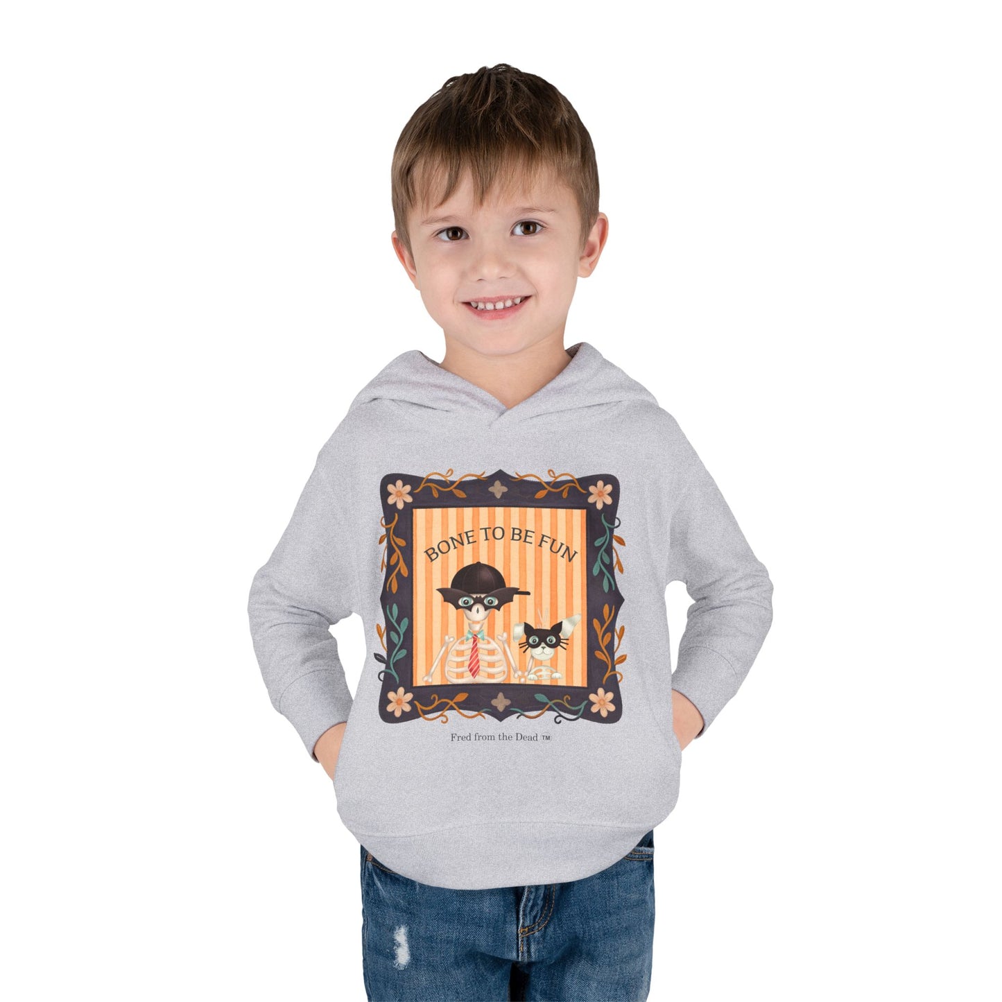 Toddler Halloween Hoodie — "Bone to Be Fun" Cute Fred from the Dead Skeleton and Femur the Dog
