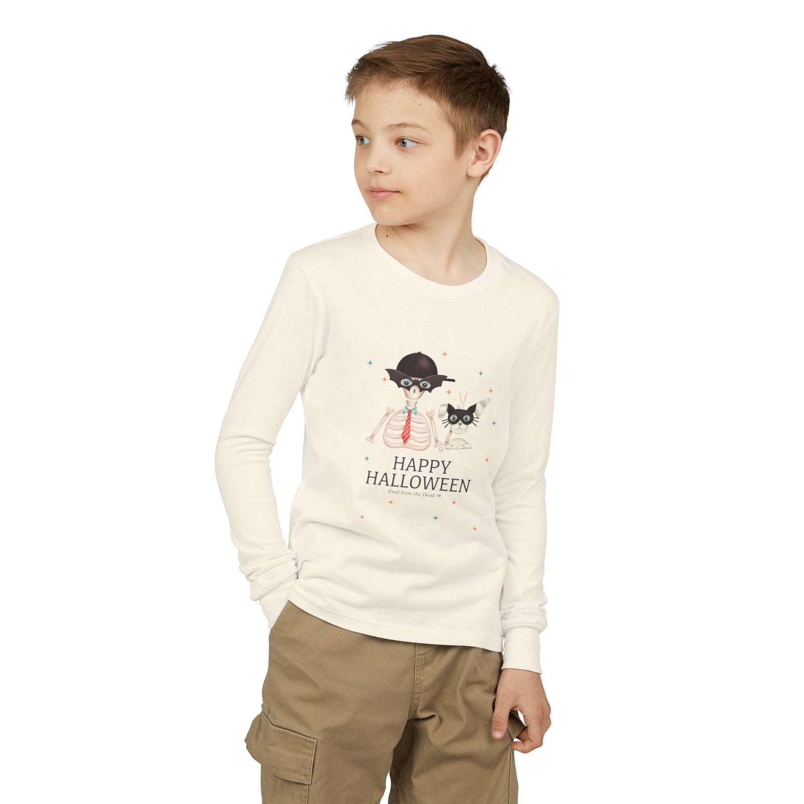 Happy Halloween Kids Long Sleeve Tee — Fred from the Dead Skeleton and Femur the Skeleton Dog