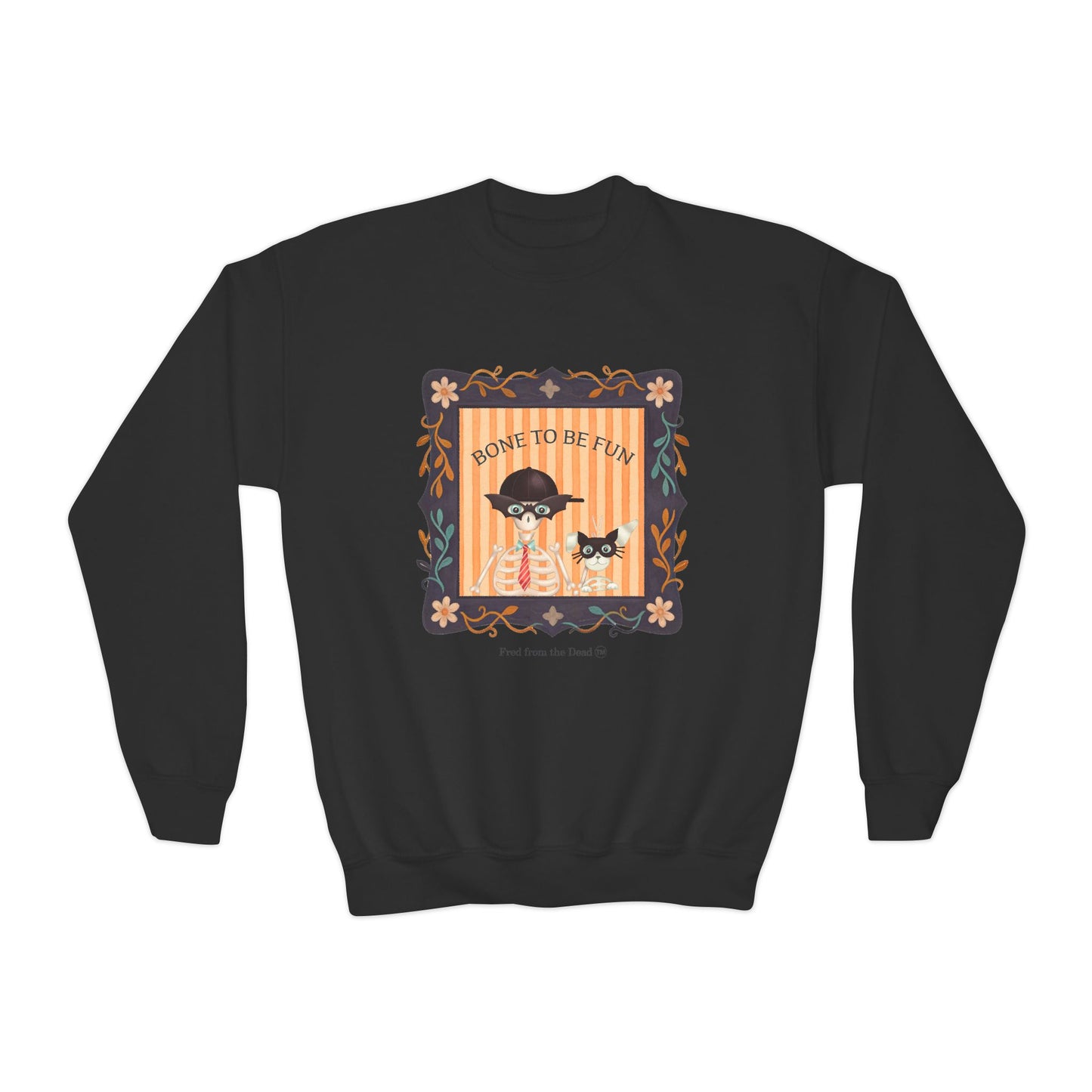 Youth Crewneck Sweatshirt — 'Bone to be Fun' Cute Fred skeleton and Femur the Dog Halloween Sweatshirt