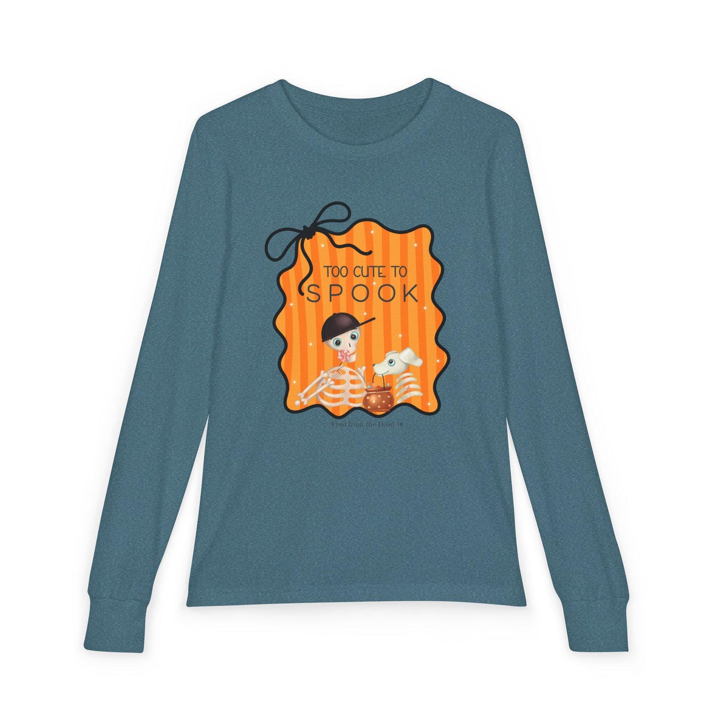 Youth Long Sleeve Tee — "Too Cute to Spook" Fred from the Dead Skeleton and Femur the Dog Halloween Shirt
