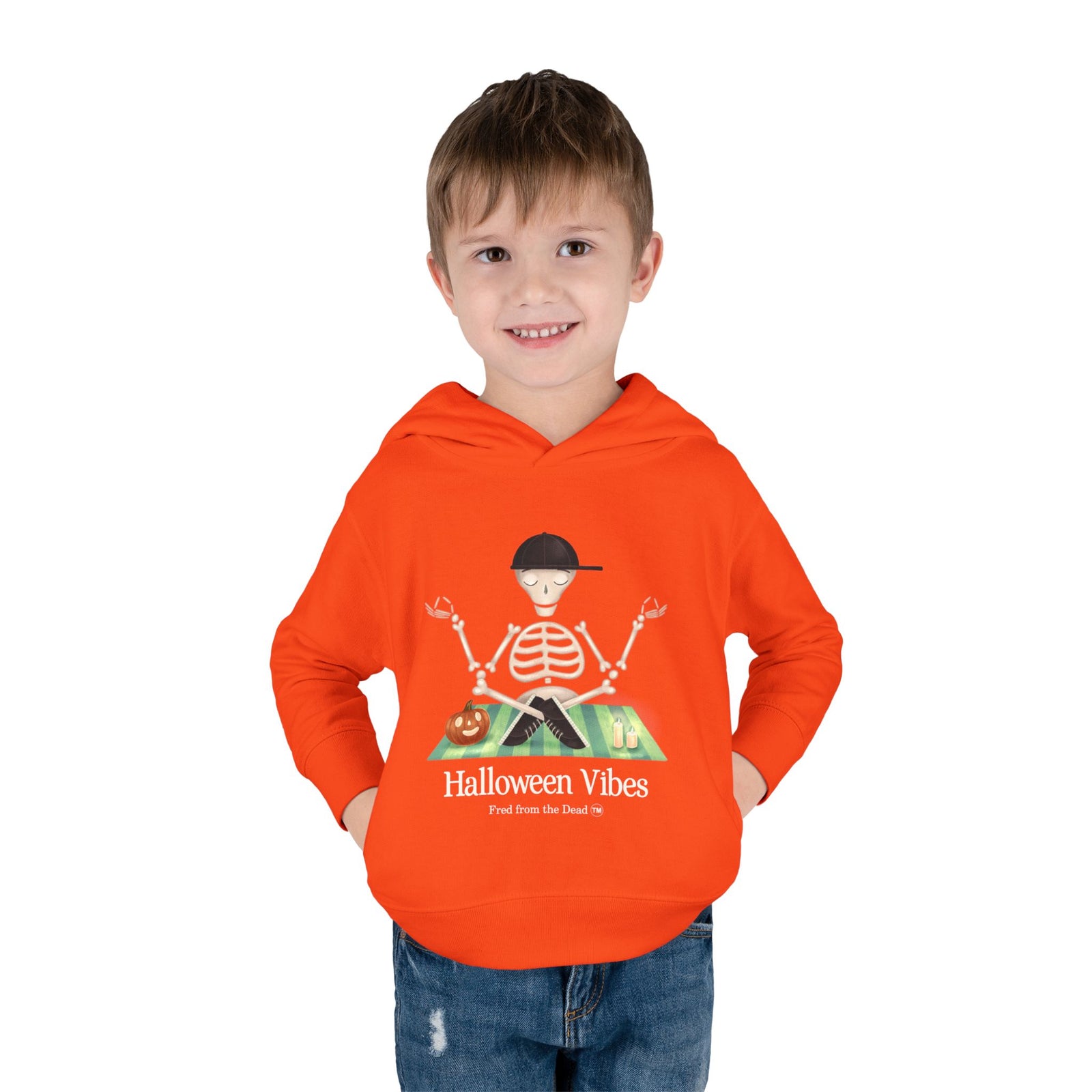 Toddler Hoodie — "Halloween Vibes" Skeleton Pumpkin Kids Pullover
