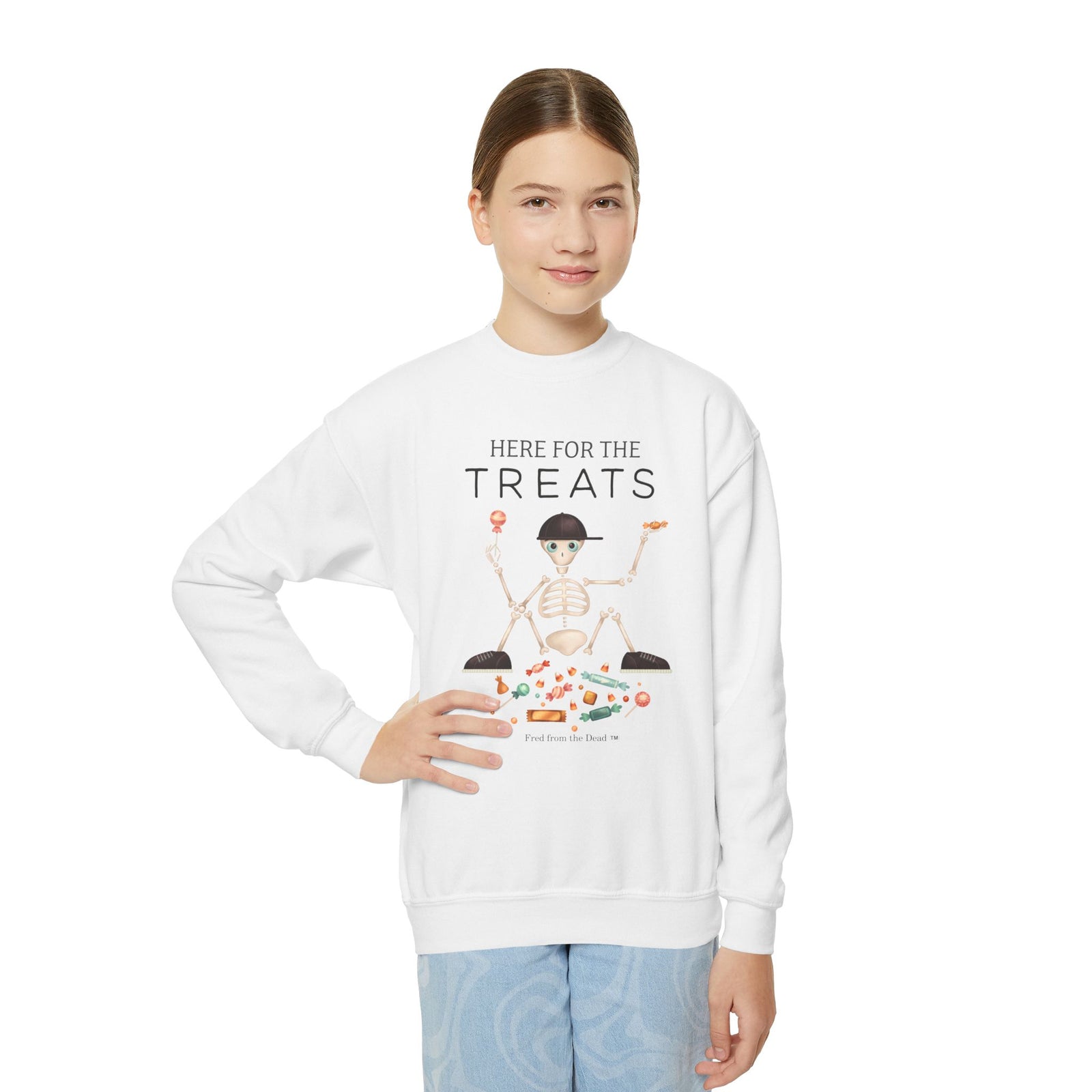 Youth Sweatshirt — "Here for the Treats" Halloween Candy Crewneck
