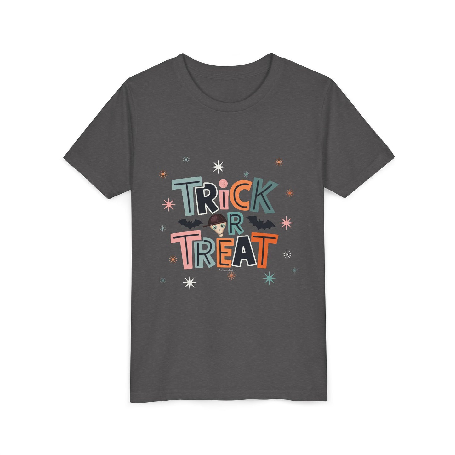 Kids Halloween Tee - "Trick or Treat" Cute Bat Graphic - Fred from the Dead