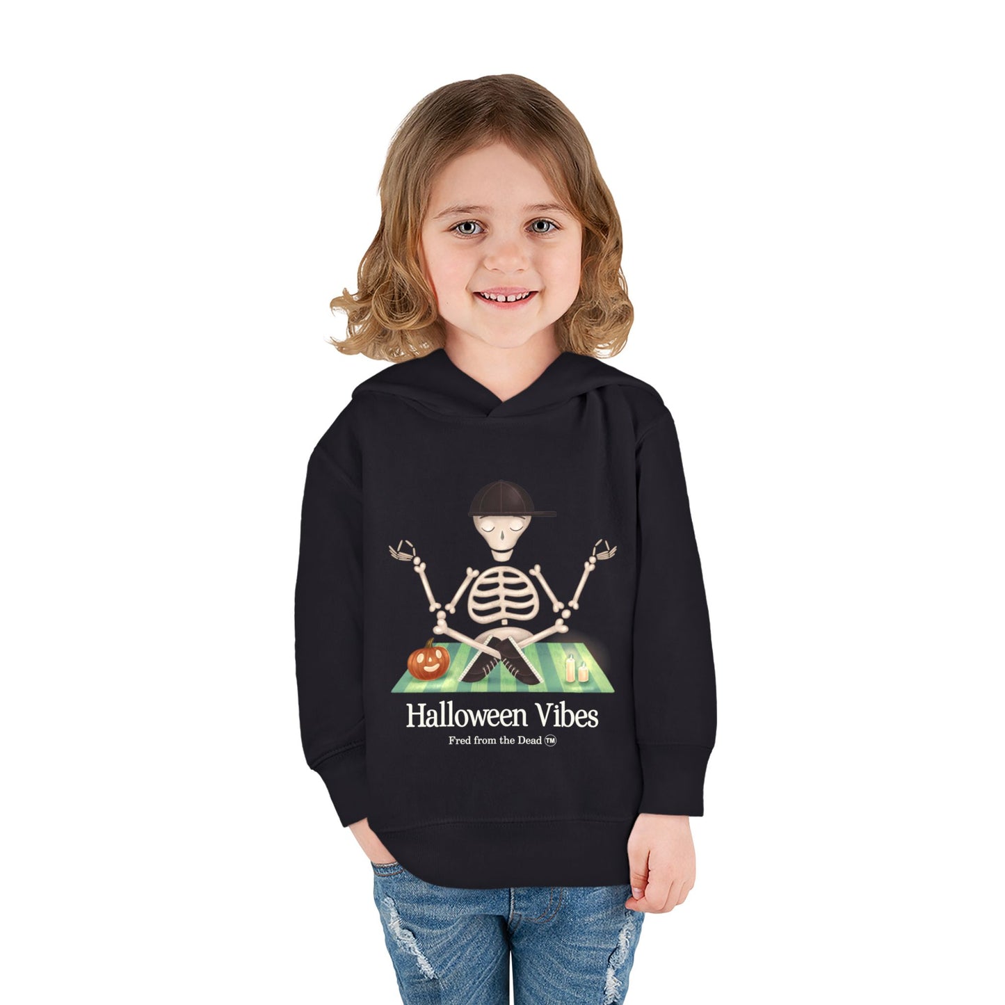 Toddler Hoodie — "Halloween Vibes" Skeleton Pumpkin Kids Pullover