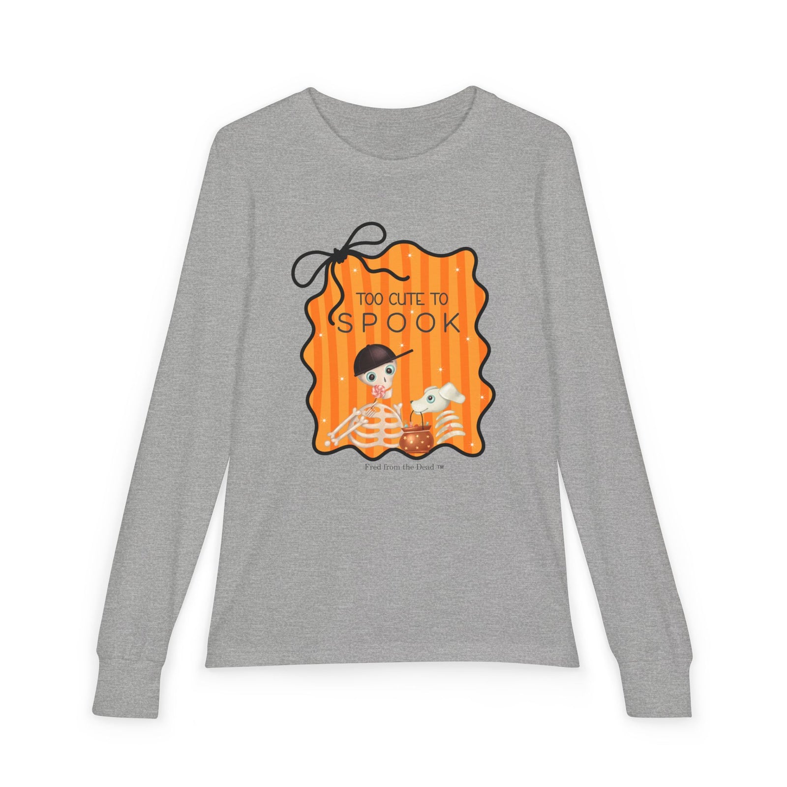 Youth Long Sleeve Tee — "Too Cute to Spook" Fred from the Dead Skeleton and Femur the Dog Halloween Shirt