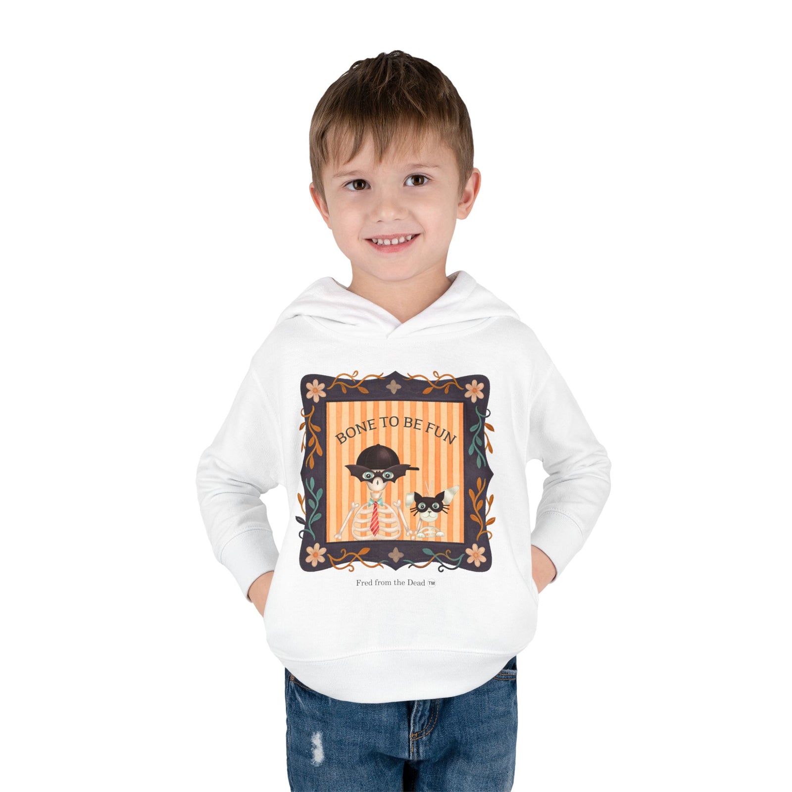 Toddler Halloween Hoodie — "Bone to Be Fun" Cute Fred from the Dead Skeleton and Femur the Dog