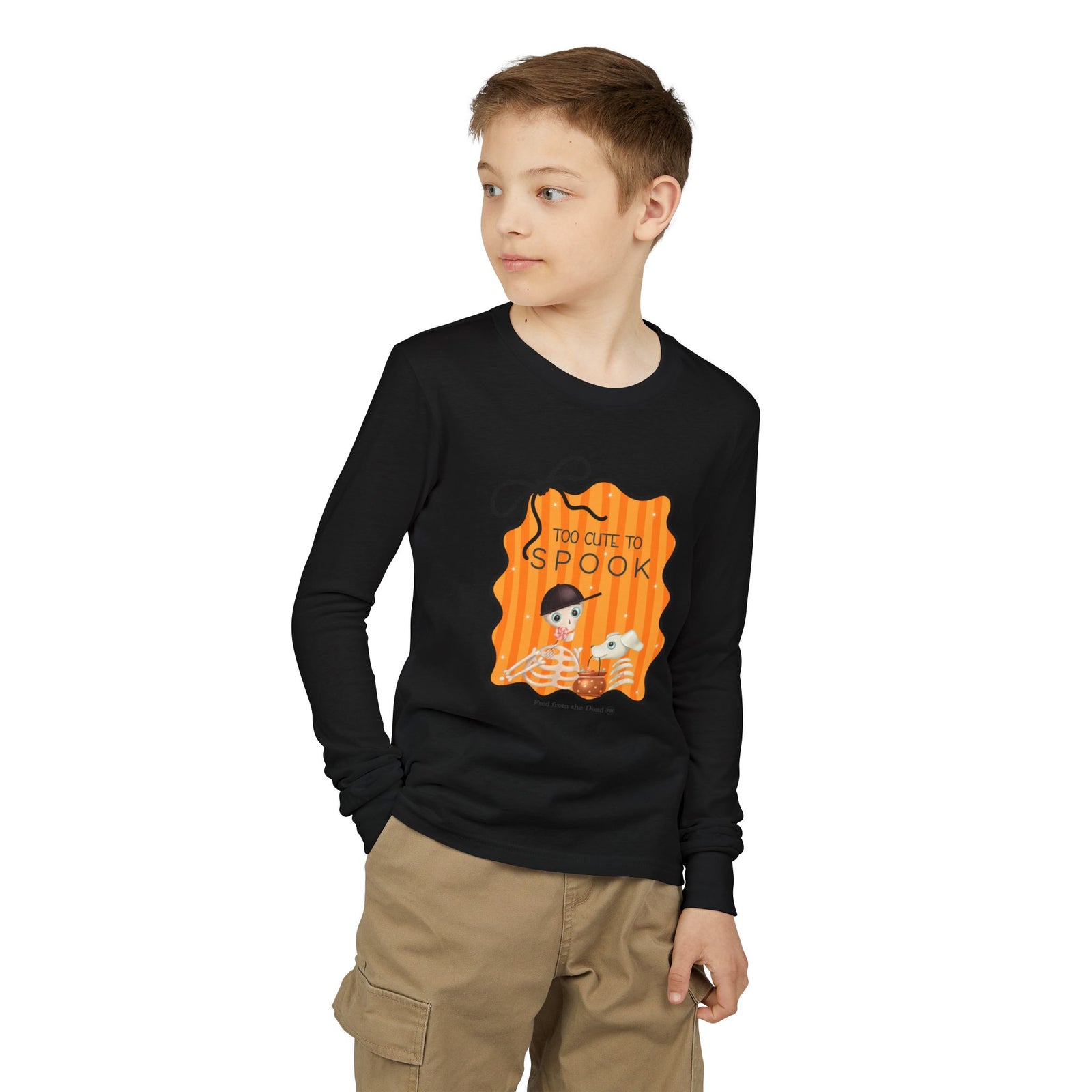 Youth Long Sleeve Tee — "Too Cute to Spook" Fred from the Dead Skeleton and Femur the Dog Halloween Shirt