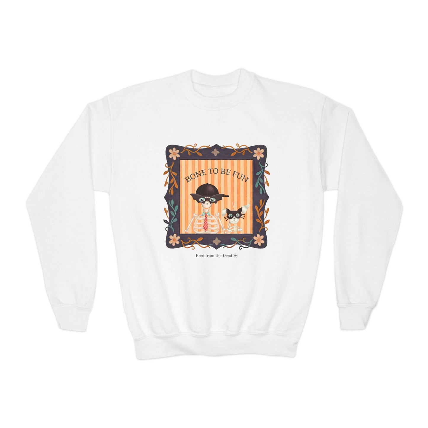 Youth Crewneck Sweatshirt — 'Bone to be Fun' Cute Fred skeleton and Femur the Dog Halloween Sweatshirt