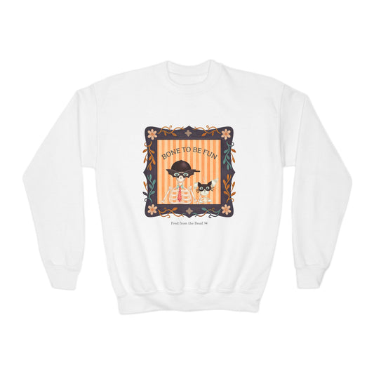 Youth Crewneck Sweatshirt — 'Bone to be Fun' Cute Fred skeleton and Femur the Dog Halloween Sweatshirt