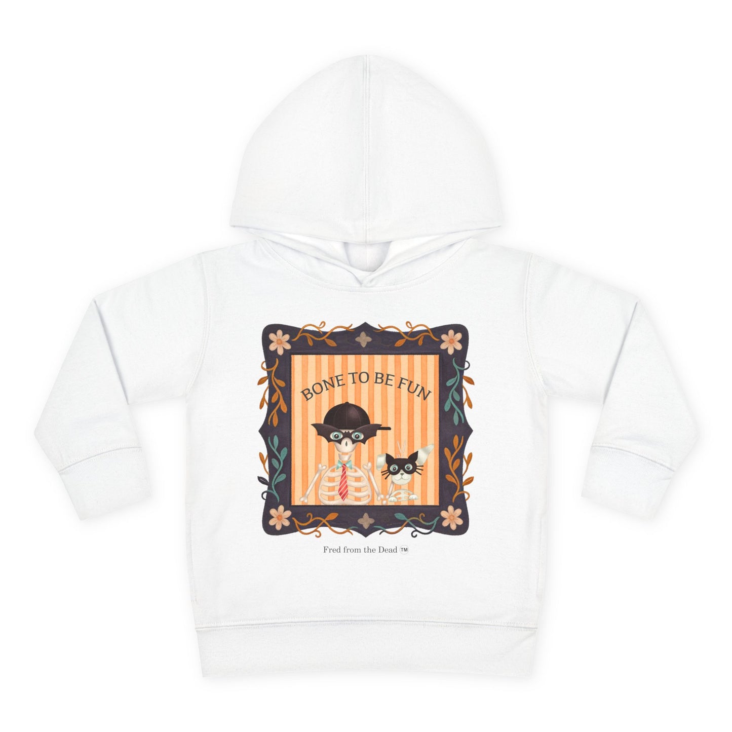 Toddler Halloween Hoodie — "Bone to Be Fun" Cute Fred from the Dead Skeleton and Femur the Dog