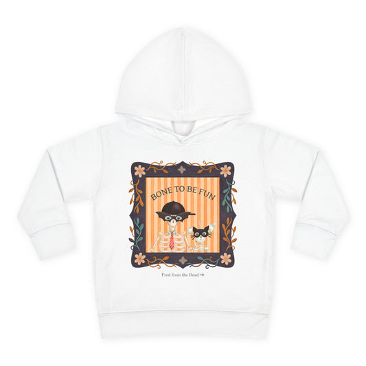 Toddler Halloween Hoodie — "Bone to Be Fun" Cute Fred from the Dead Skeleton and Femur the Dog