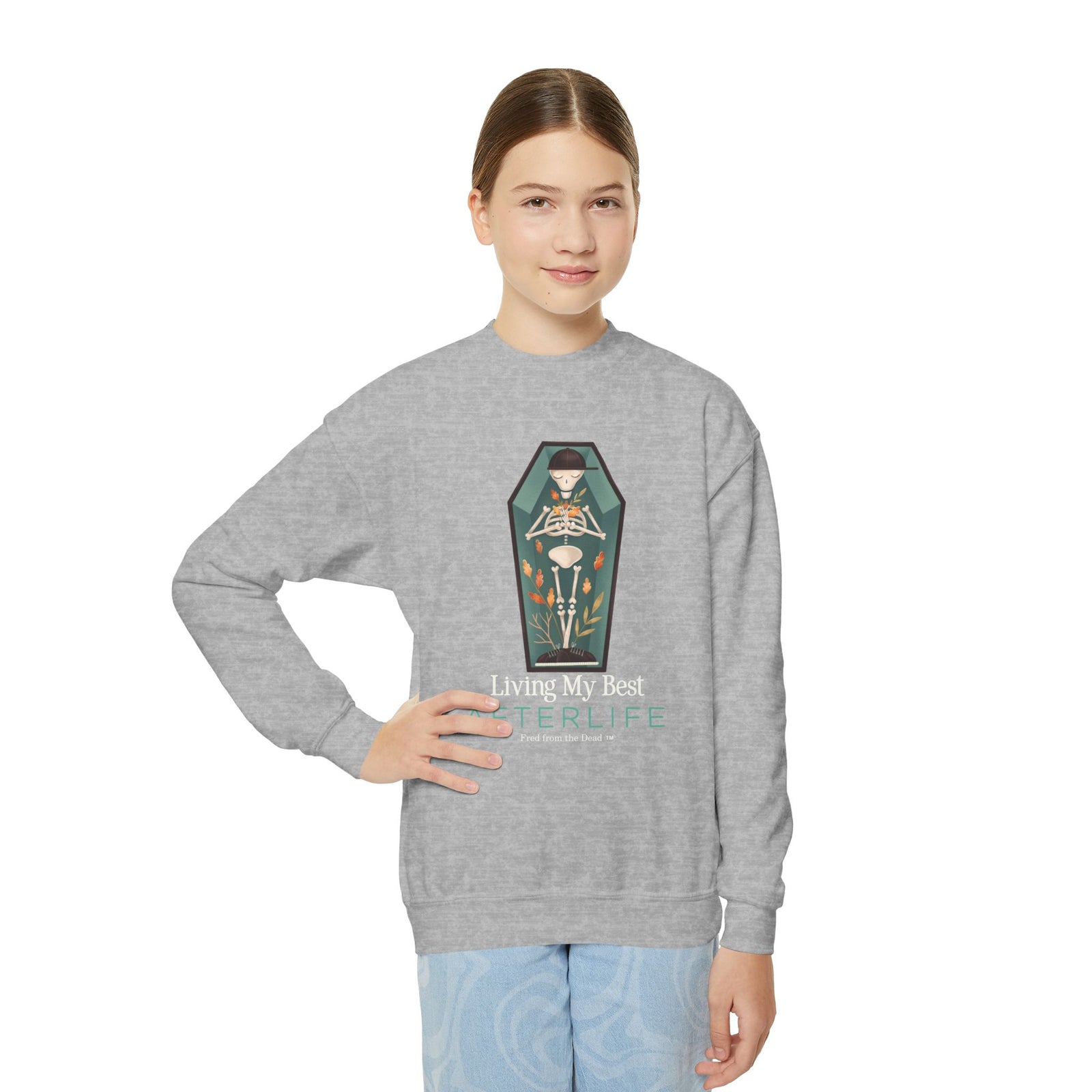 Afterlife Coffin Youth Crewneck Sweatshirt — Halloween Graphic