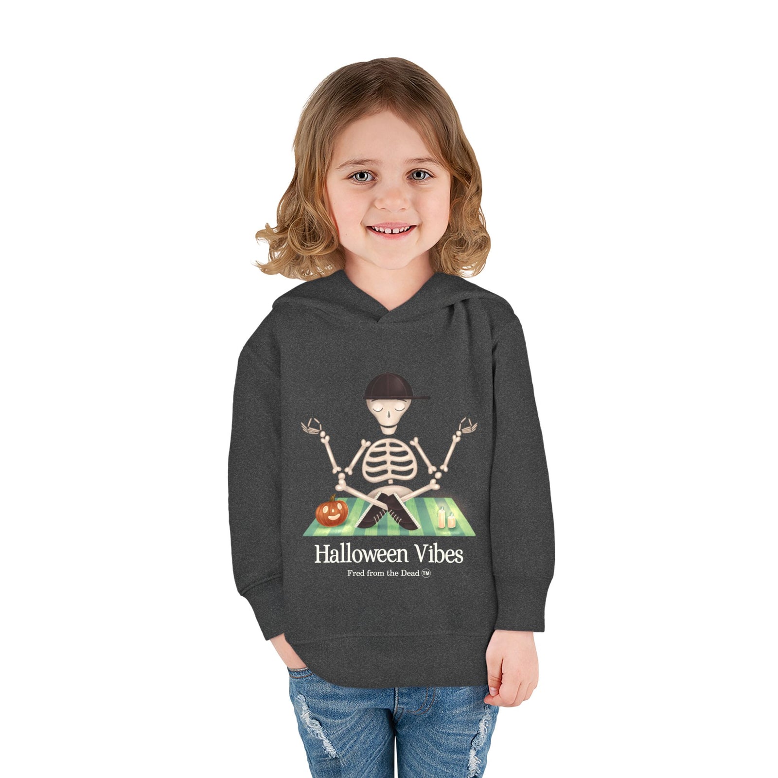 Toddler Hoodie — "Halloween Vibes" Skeleton Pumpkin Kids Pullover