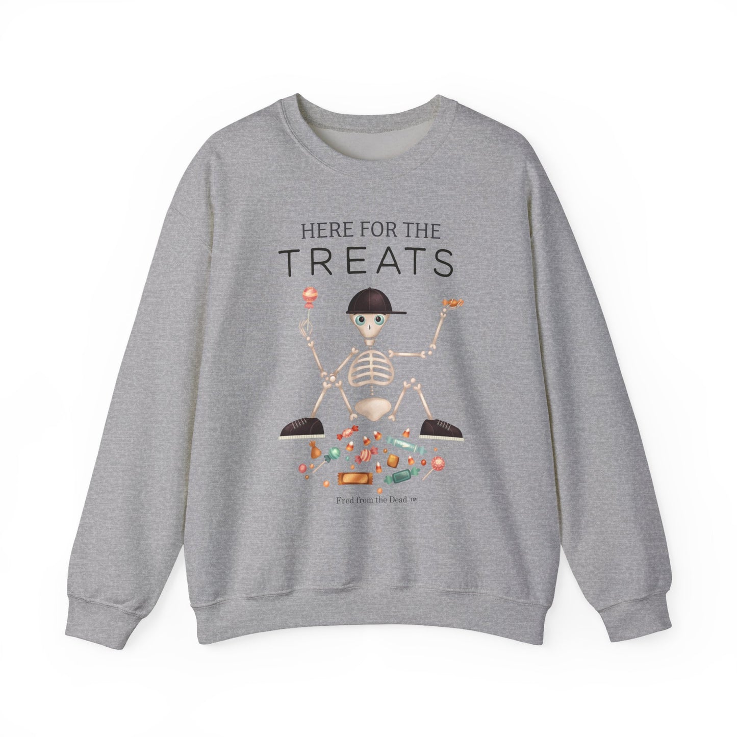 Halloween 'Here For The Treats' Crewneck Sweatshirt — Cute Skeleton Candy Design