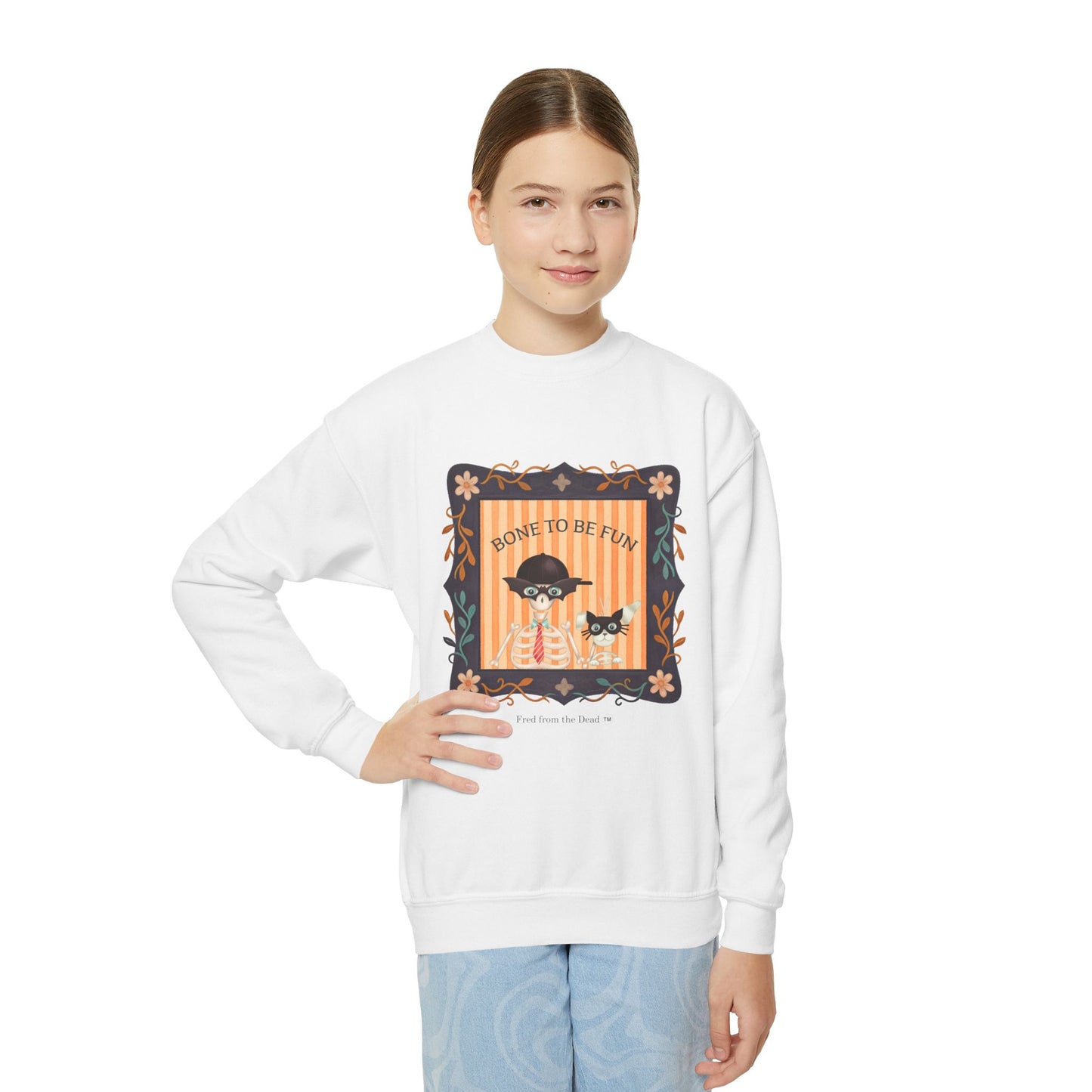 Youth Crewneck Sweatshirt — 'Bone to be Fun' Cute Fred skeleton and Femur the Dog Halloween Sweatshirt