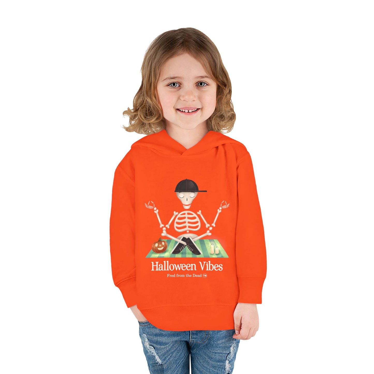 Toddler Hoodie — "Halloween Vibes" Skeleton Pumpkin Kids Pullover