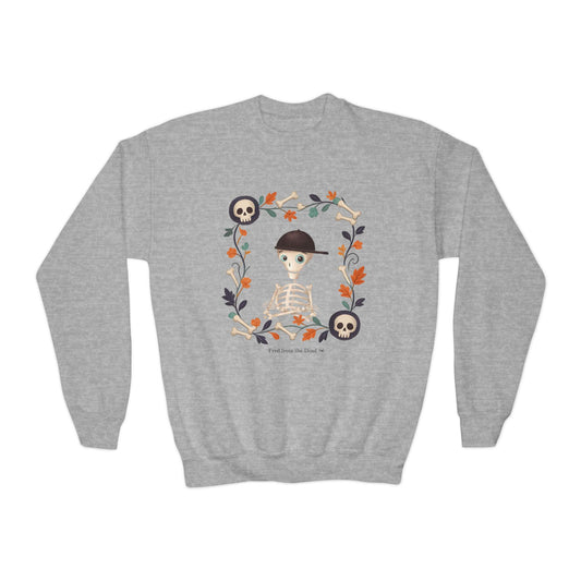 Youth Crewneck Sweatshirt — Fred from the Dead Cute Skeleton Fall Frame Graphic (Autumn, Halloween)