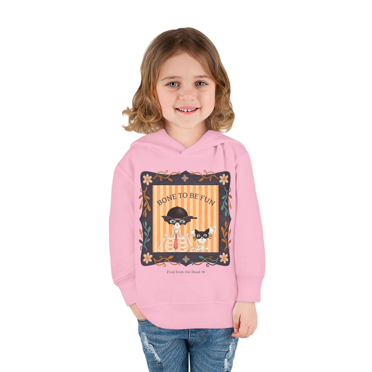 Toddler Halloween Hoodie — "Bone to Be Fun" Cute Fred from the Dead Skeleton and Femur the Dog