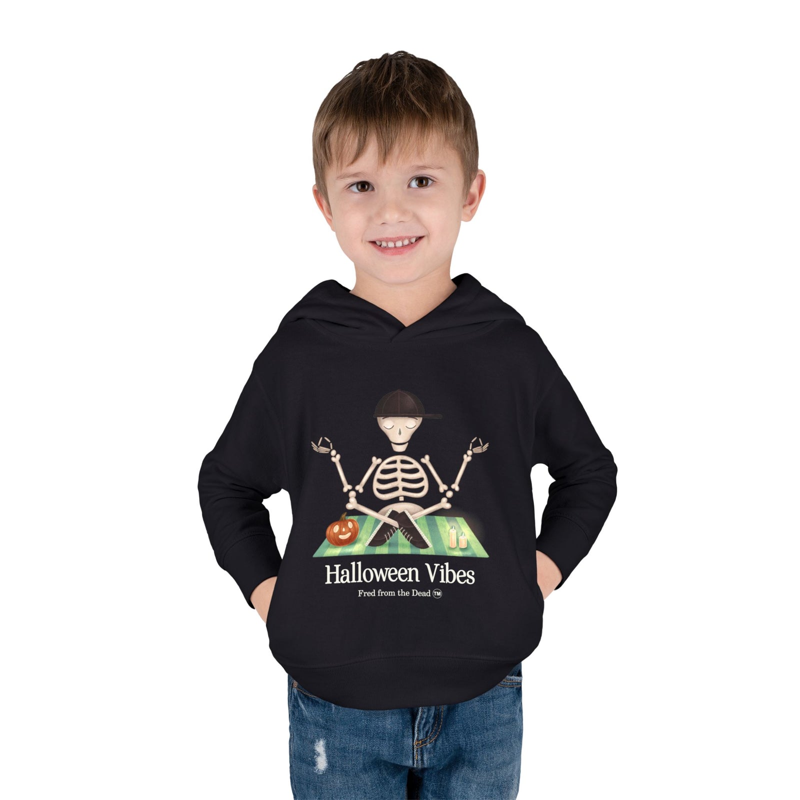 Toddler Hoodie — "Halloween Vibes" Skeleton Pumpkin Kids Pullover