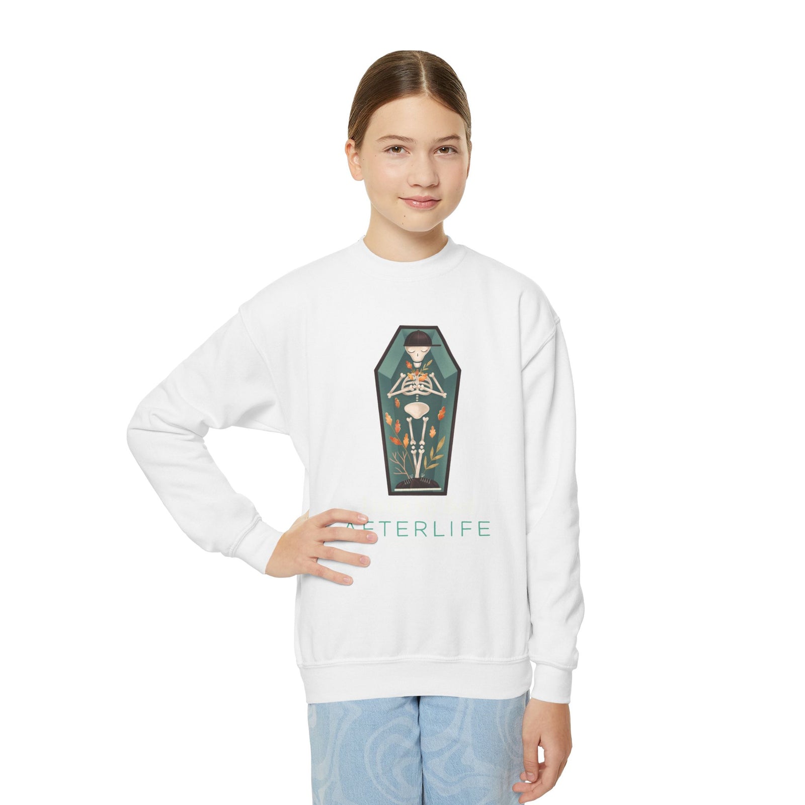 Afterlife Coffin Youth Crewneck Sweatshirt — Halloween Graphic