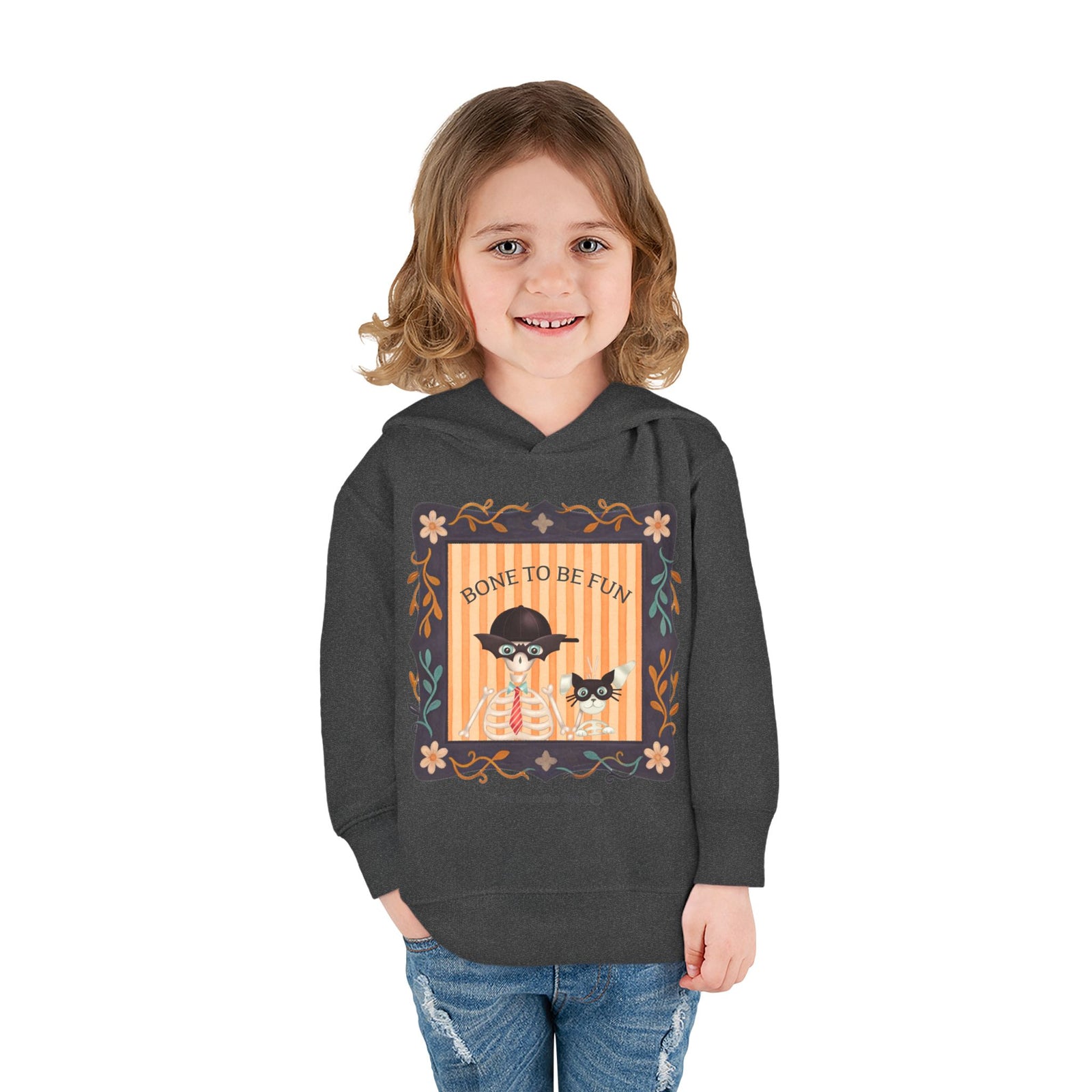 Toddler Halloween Hoodie — "Bone to Be Fun" Cute Fred from the Dead Skeleton and Femur the Dog