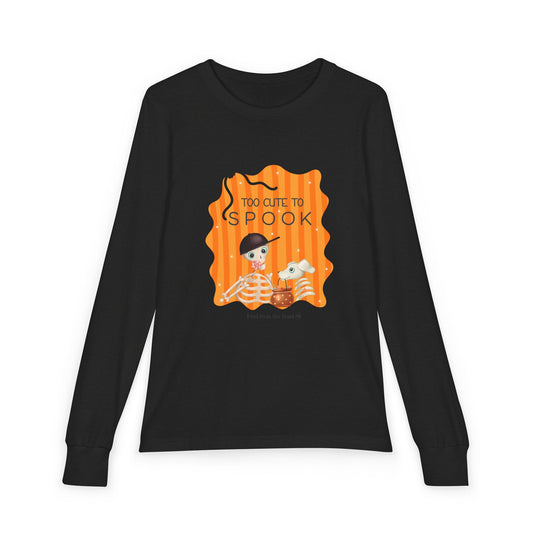 Youth Long Sleeve Tee — "Too Cute to Spook" Fred from the Dead Skeleton and Femur the Dog Halloween Shirt