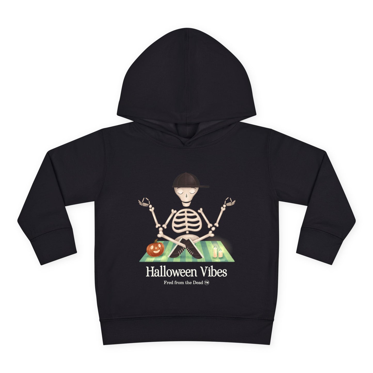 Toddler Hoodie — "Halloween Vibes" Skeleton Pumpkin Kids Pullover