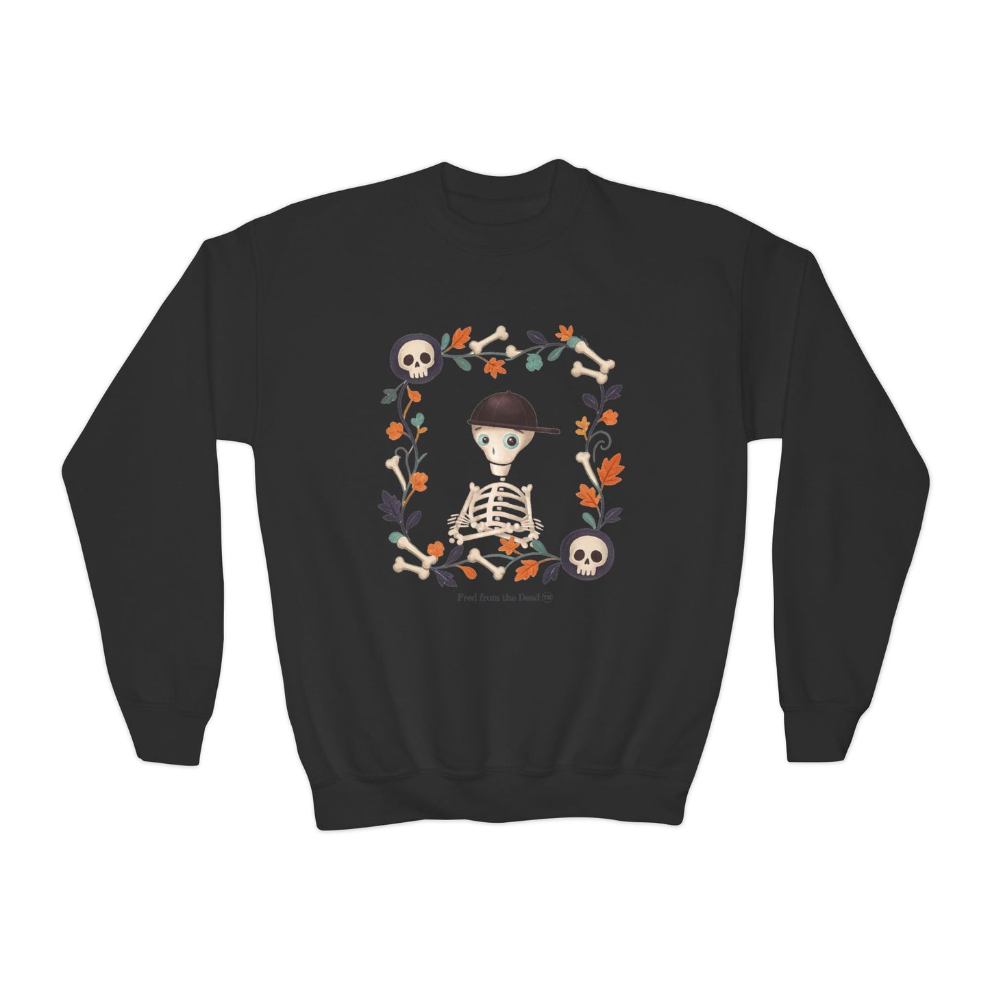 Youth Crewneck Sweatshirt — Fred from the Dead Cute Skeleton Fall Frame Graphic (Autumn, Halloween)
