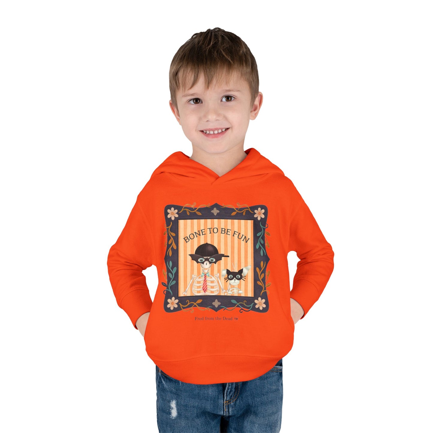 Toddler Halloween Hoodie — "Bone to Be Fun" Cute Fred from the Dead Skeleton and Femur the Dog