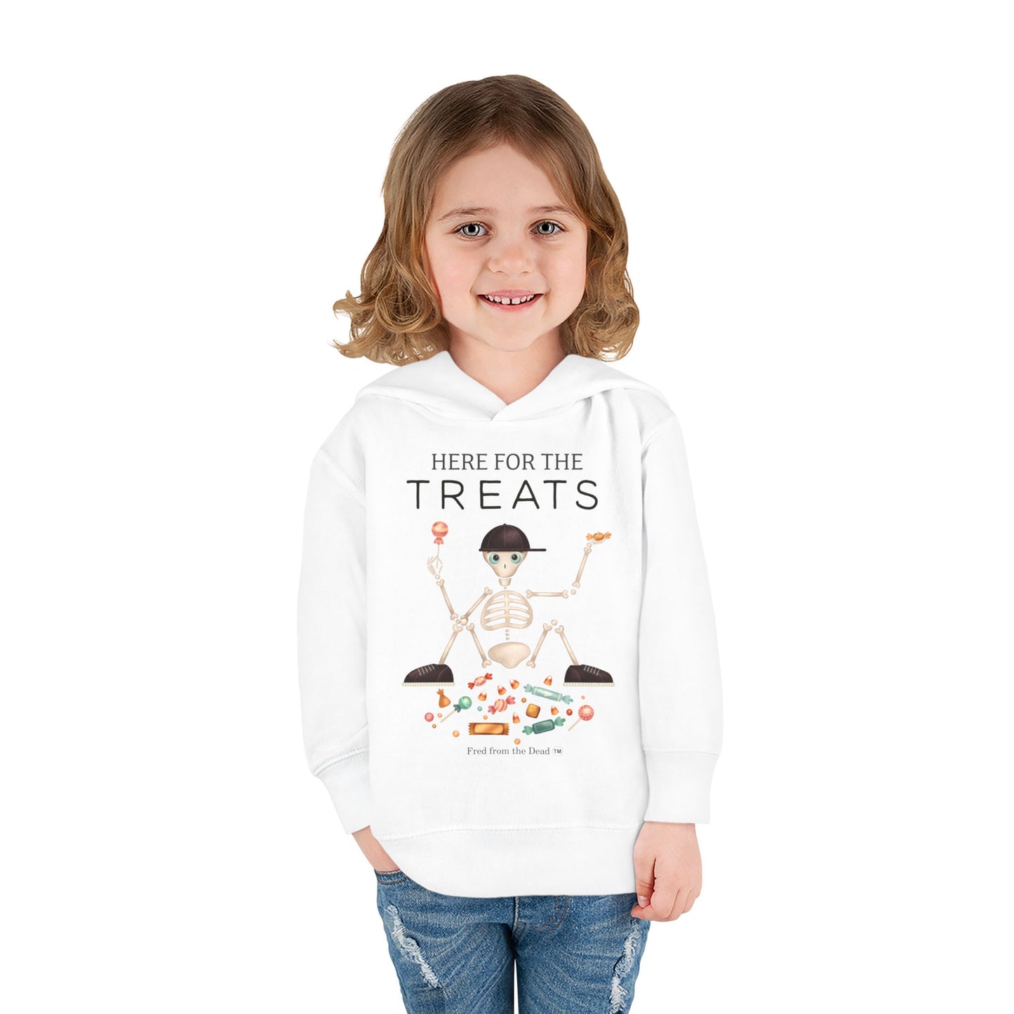 Toddler Halloween Hoodie - "Here for the Treats" Skeleton Candy Pullover