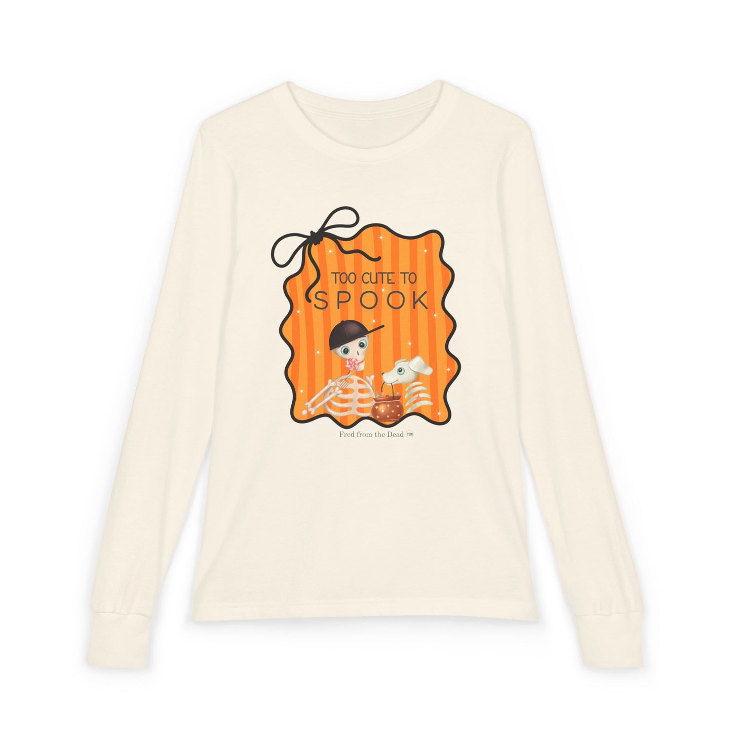 Youth Long Sleeve Tee — "Too Cute to Spook" Fred from the Dead Skeleton and Femur the Dog Halloween Shirt