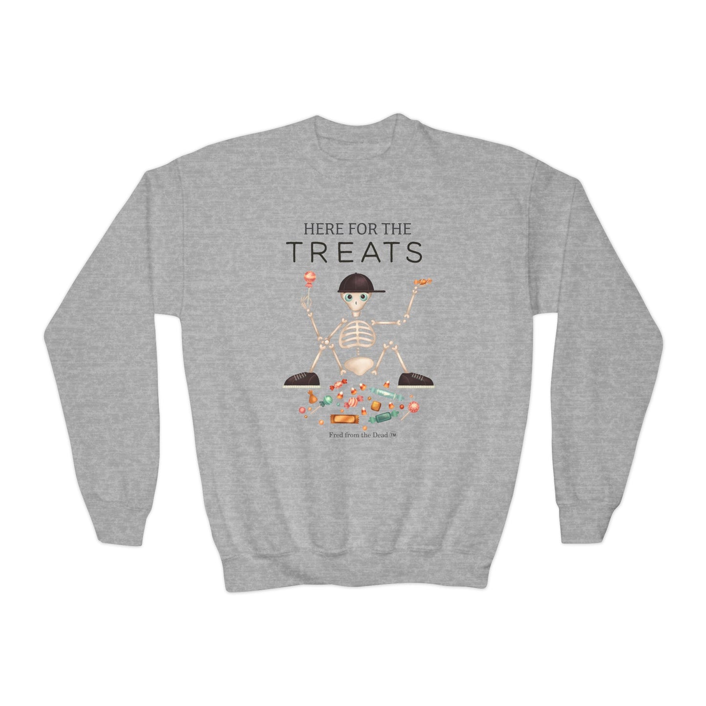 Youth Sweatshirt — "Here for the Treats" Halloween Candy Crewneck
